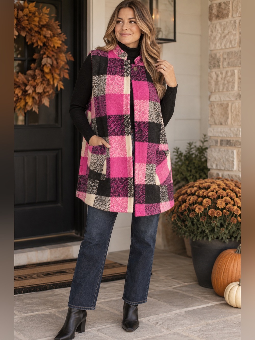 Coco + Carmen One Size Pink Plaid Sleeveless Coat Oversized Longline Fall Vest